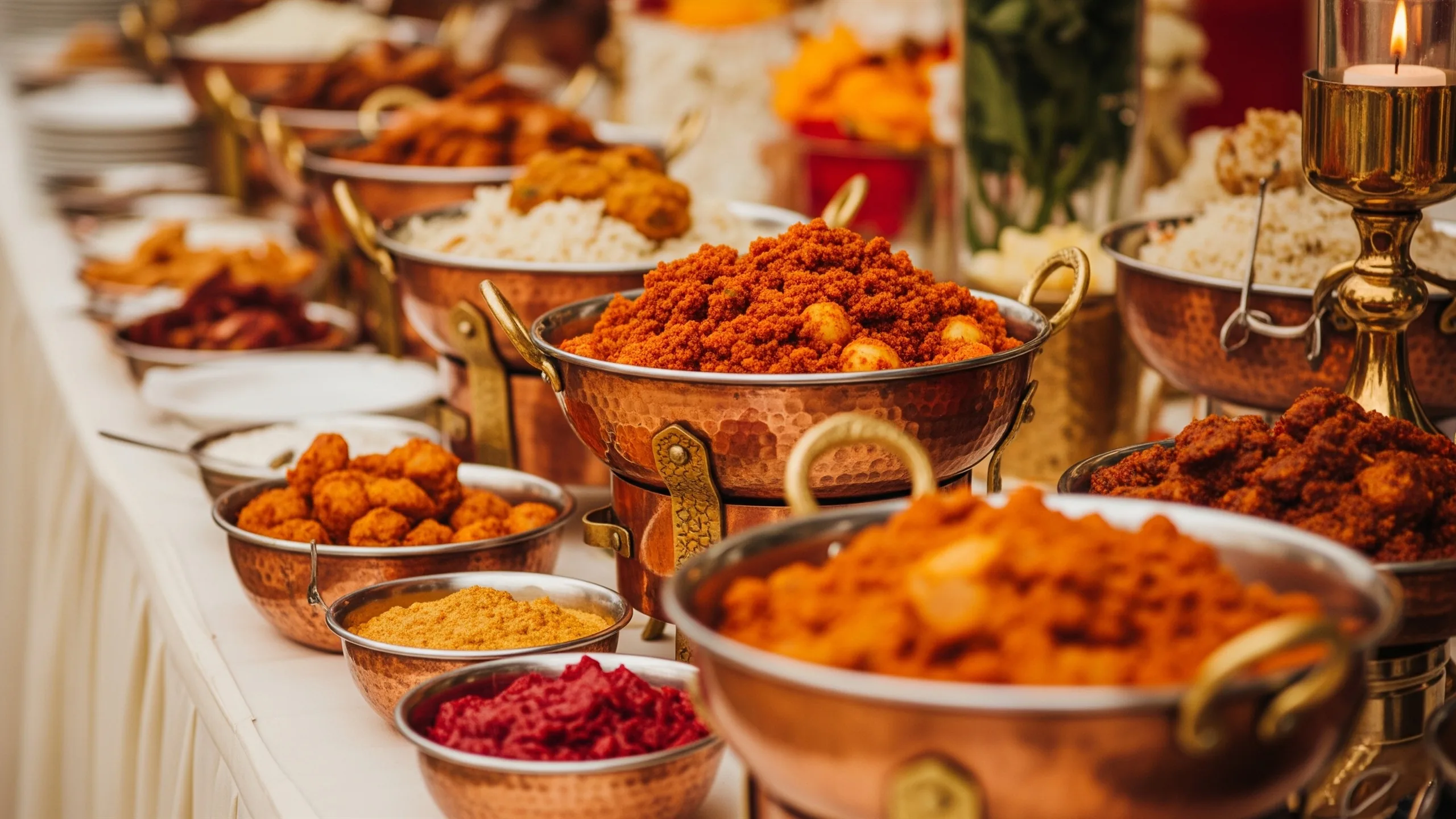 A close detail of a lavish Indian wedding catering spread in gleaming copper handis and live food counters, close-up detail