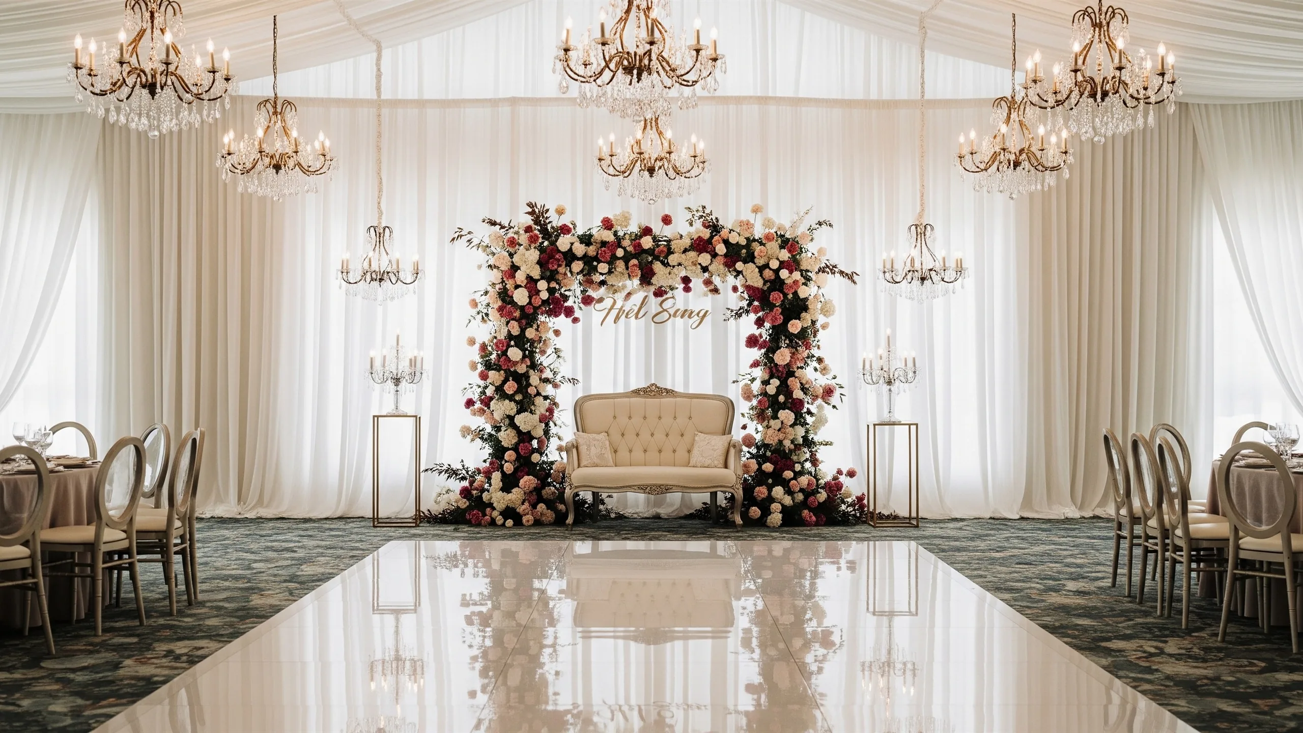 A grand cocktail-night backdrop with chandeliers, floral arch and reflective dance floor, designed for social photos but empty, no signage, in context