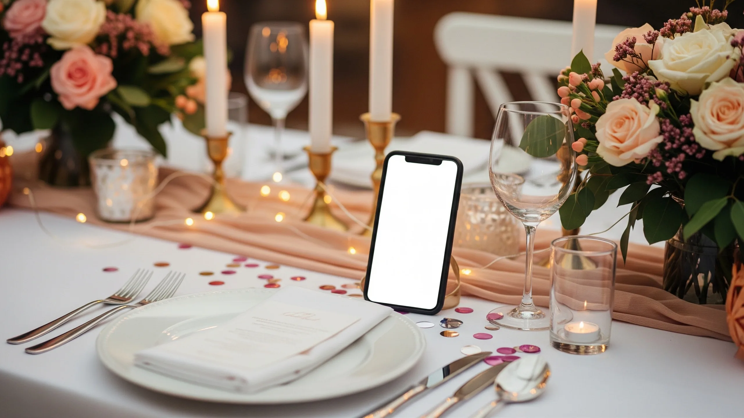 An elegant wedding social-media corner with blank phone on a decorated table, confetti, florals and lights, no screen text, styled view