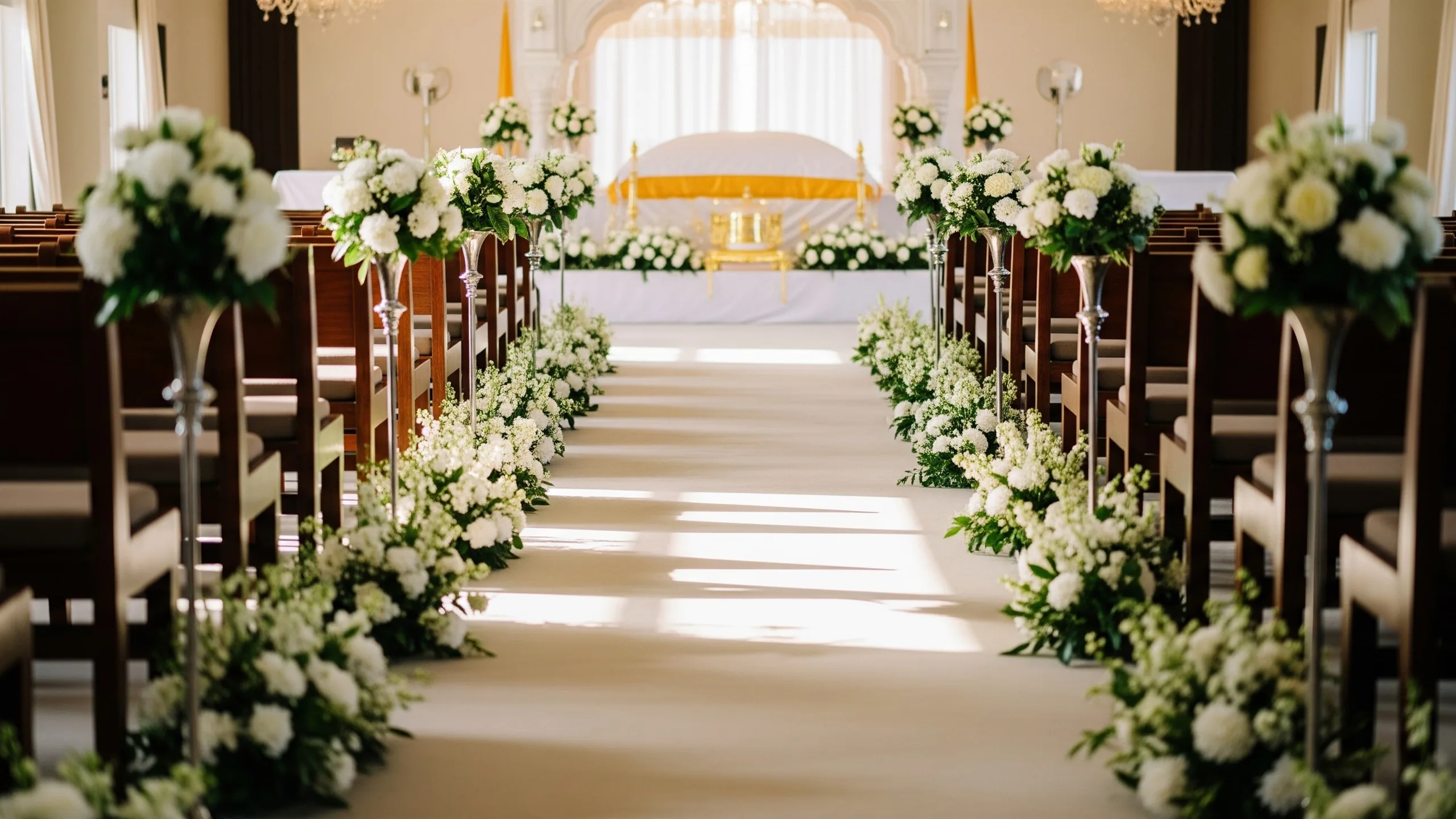 An elegant empty aisle inside a gurudwara decorated with white flowers and warm daylight, calm high-end ceremony atmosphere, in context