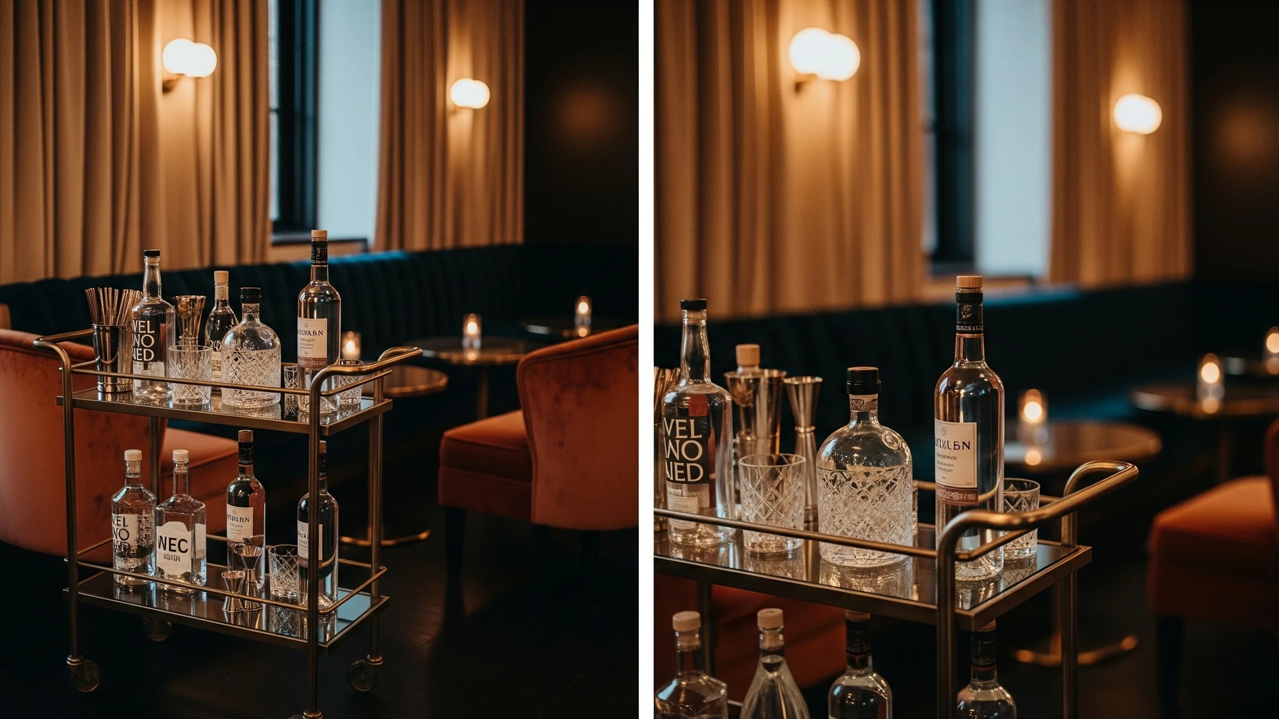 A luxury bachelor party cocktail lounge with bar cart, unbranded bottles turned away, velvet seating and ambient lights, no labels, close-up detail