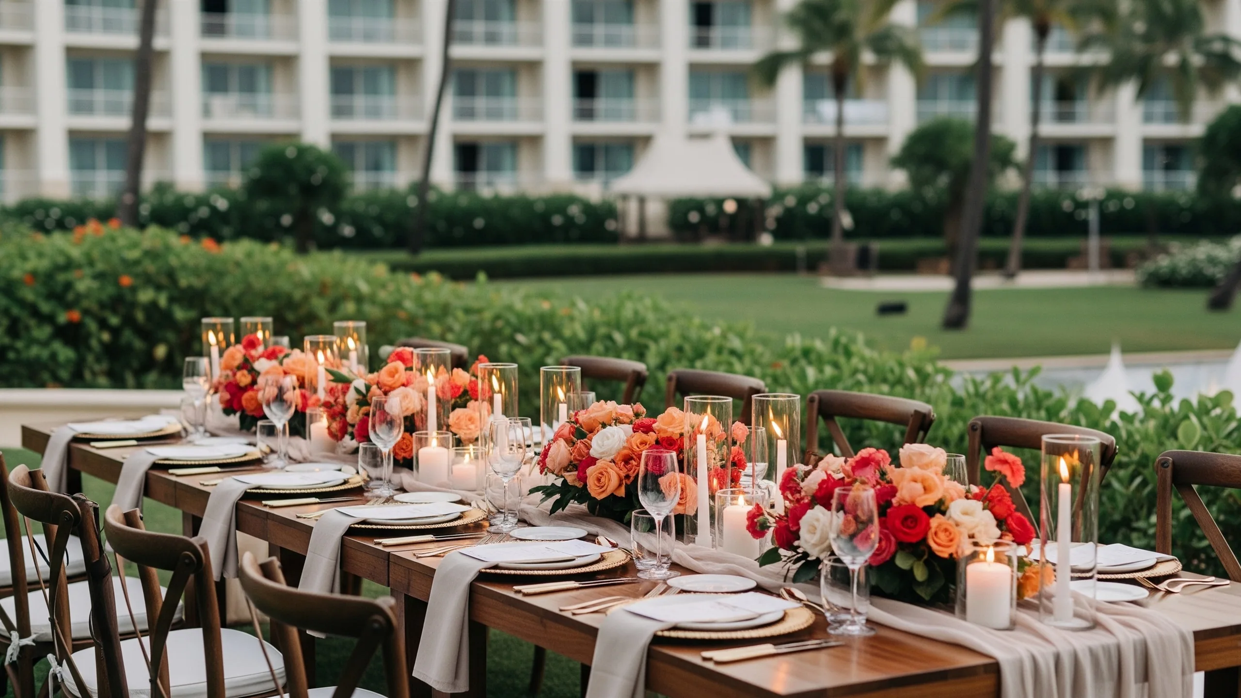 An elegant destination party dinner setup with long table, candles, tropical flowers and resort backdrop, no signage, styled view