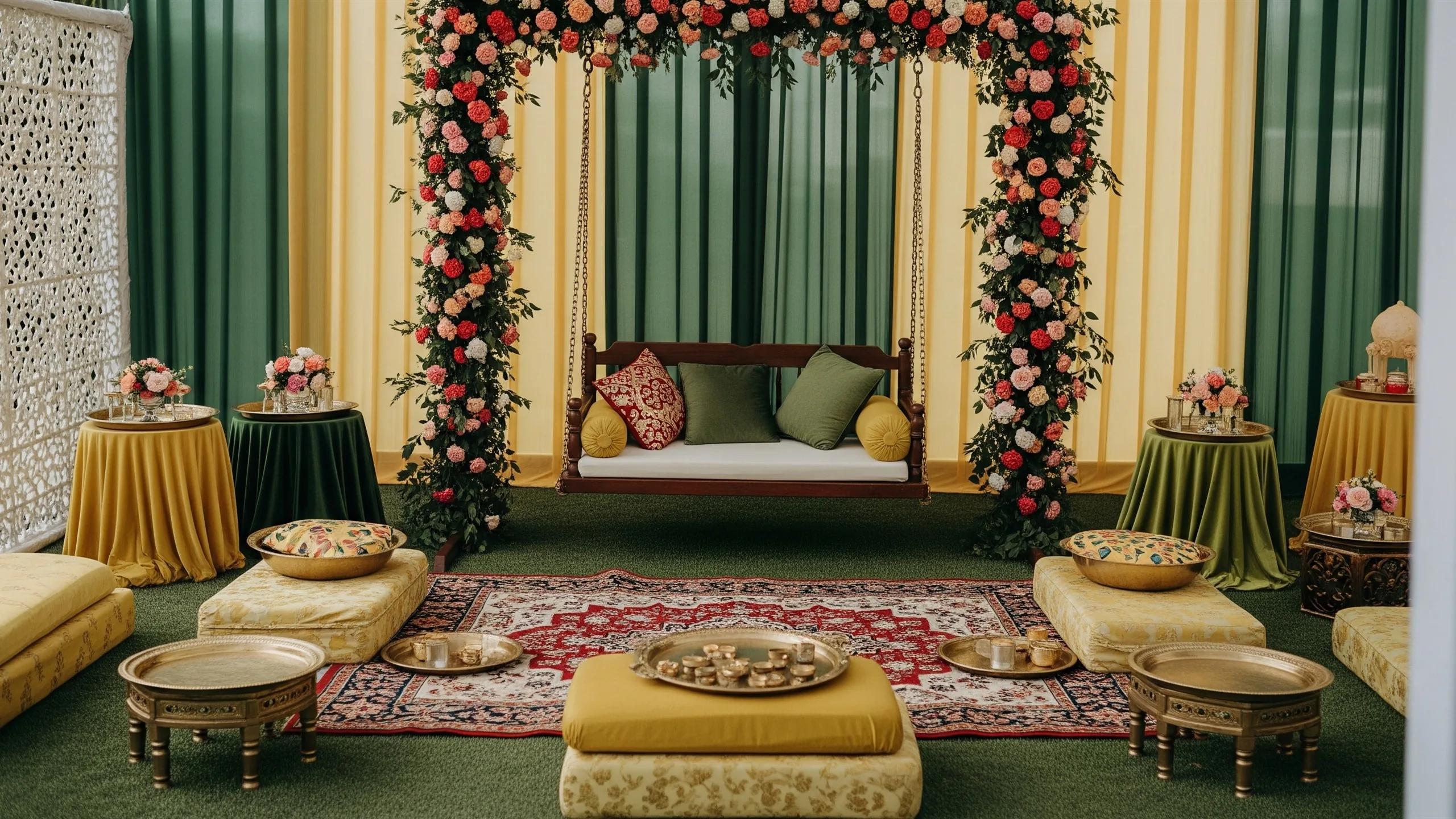A grand bridal mehndi lounge with floral swing, low seating, brass trays and rich green-yellow decor, in context