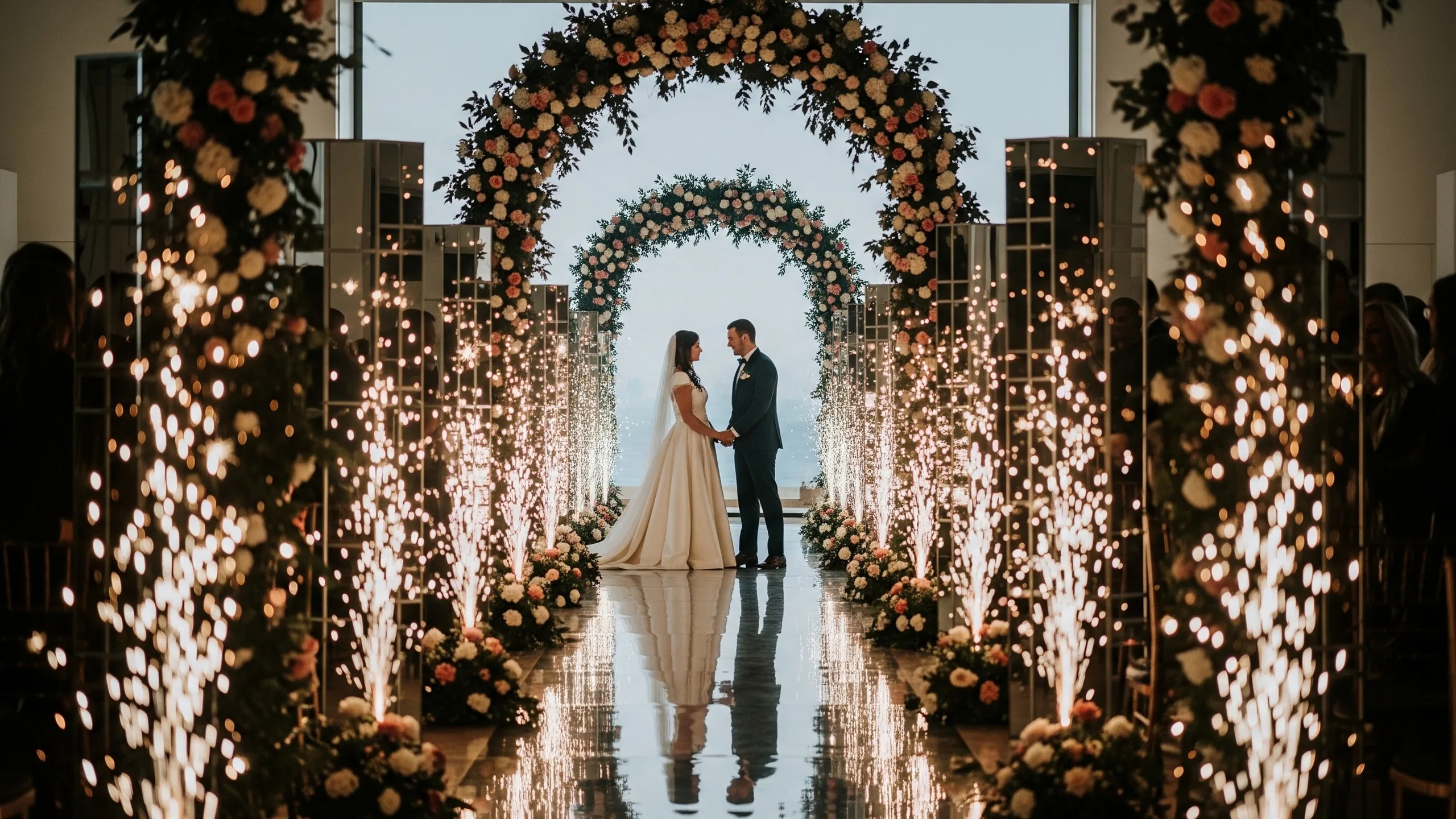 A dramatic couple-entry tunnel with sparklers unlit, floral arches, mirror-work decor and polished aisle, no signage, in context