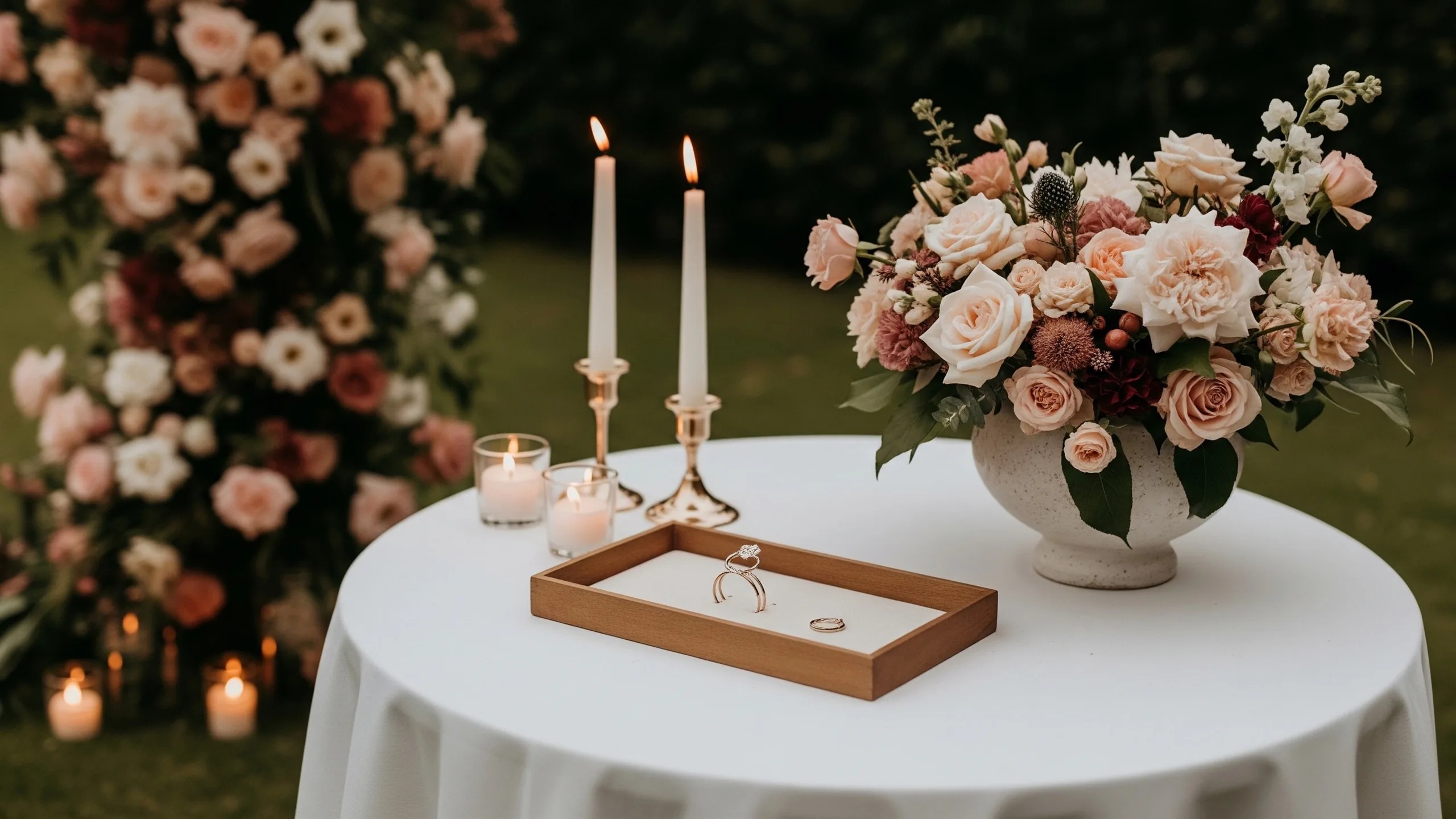 A premium ring-ceremony stage detail with ring tray, in context