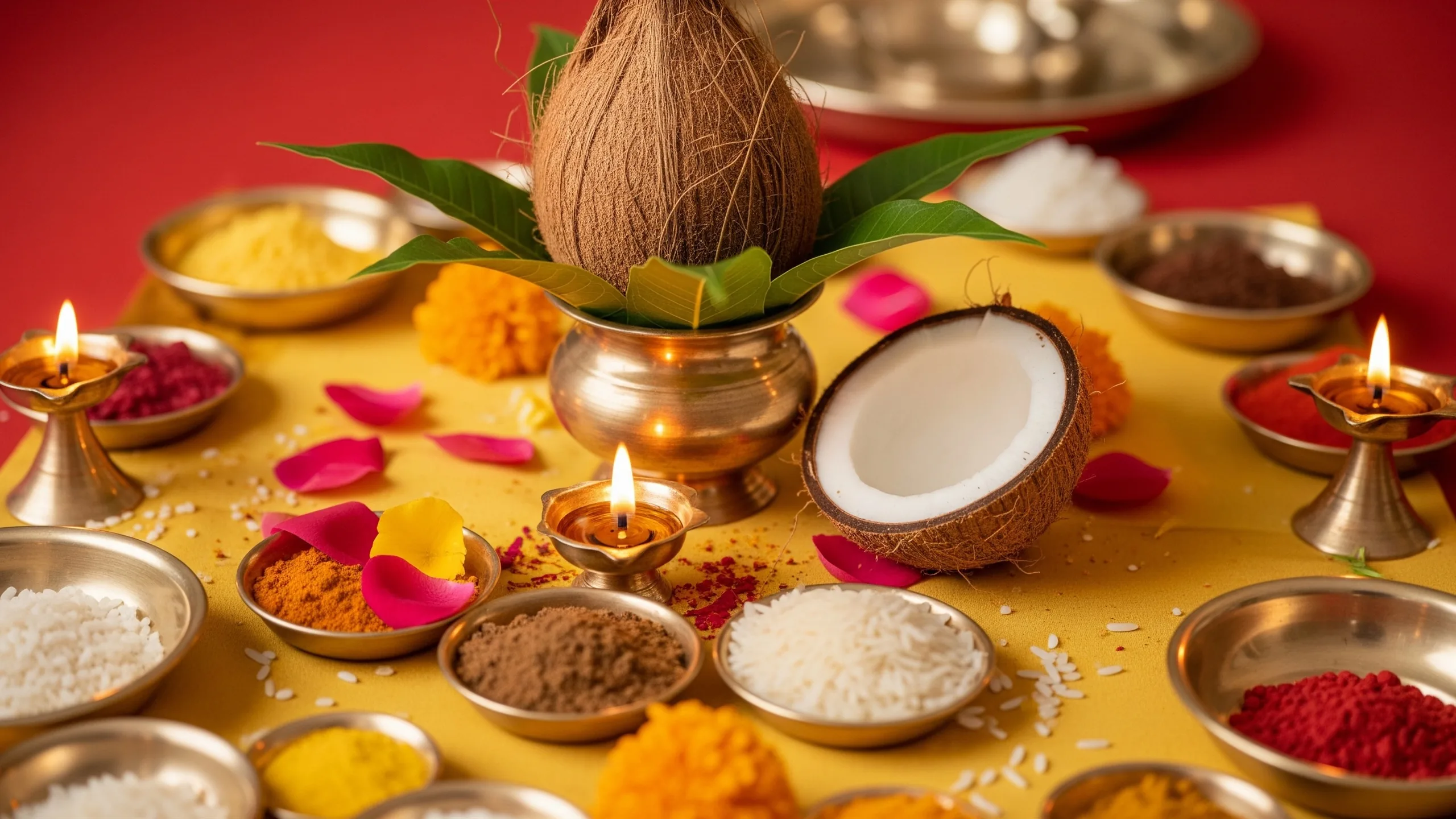 A close ritual detail with havan kund, kalash, coconut, kumkum, rice and flower petals on rich silk, premium styling, close-up detail
