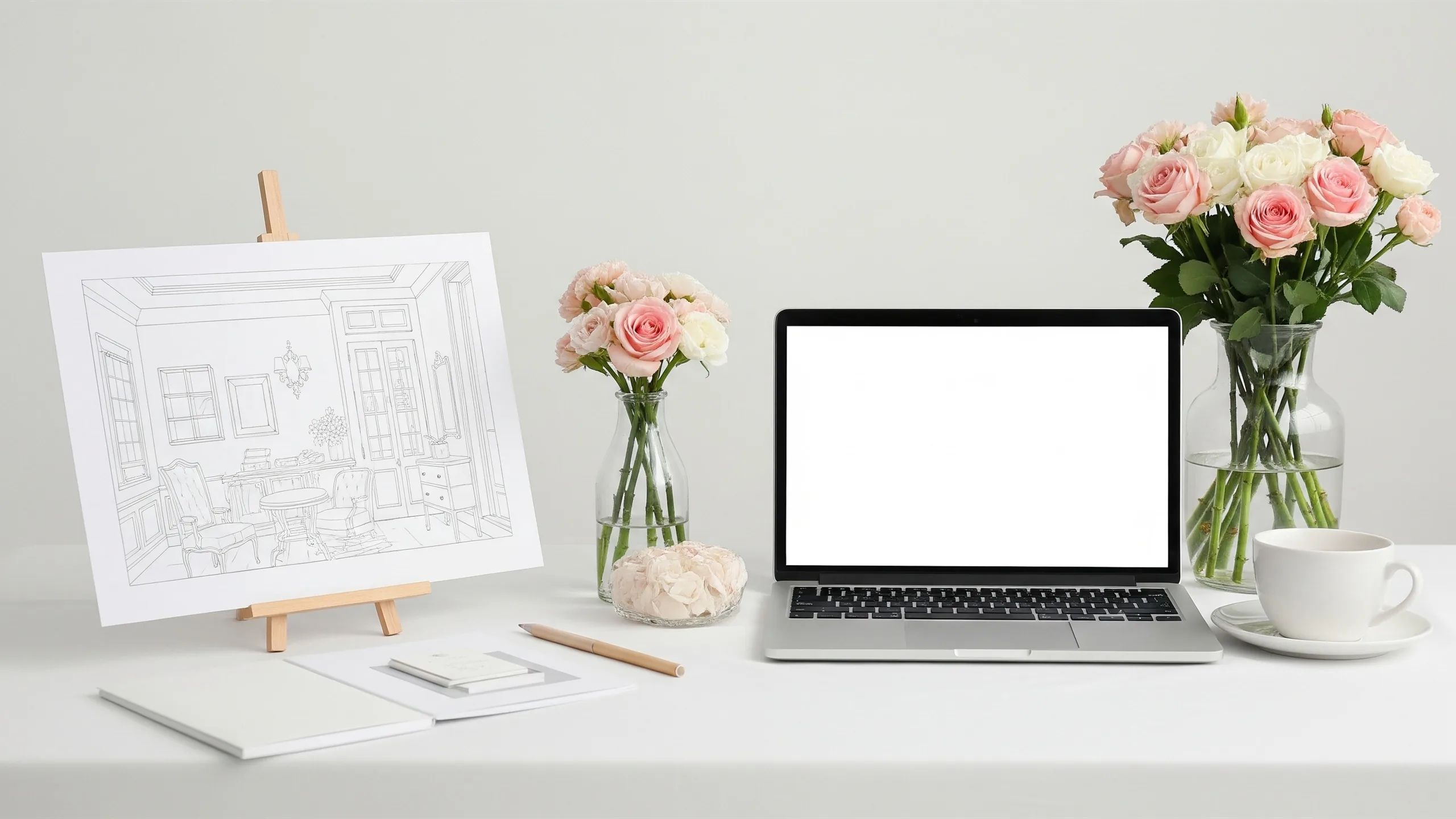 An elegant planning presentation setup with blank laptop, decor maquette, flowers and premium stationery with no readable text, styled view