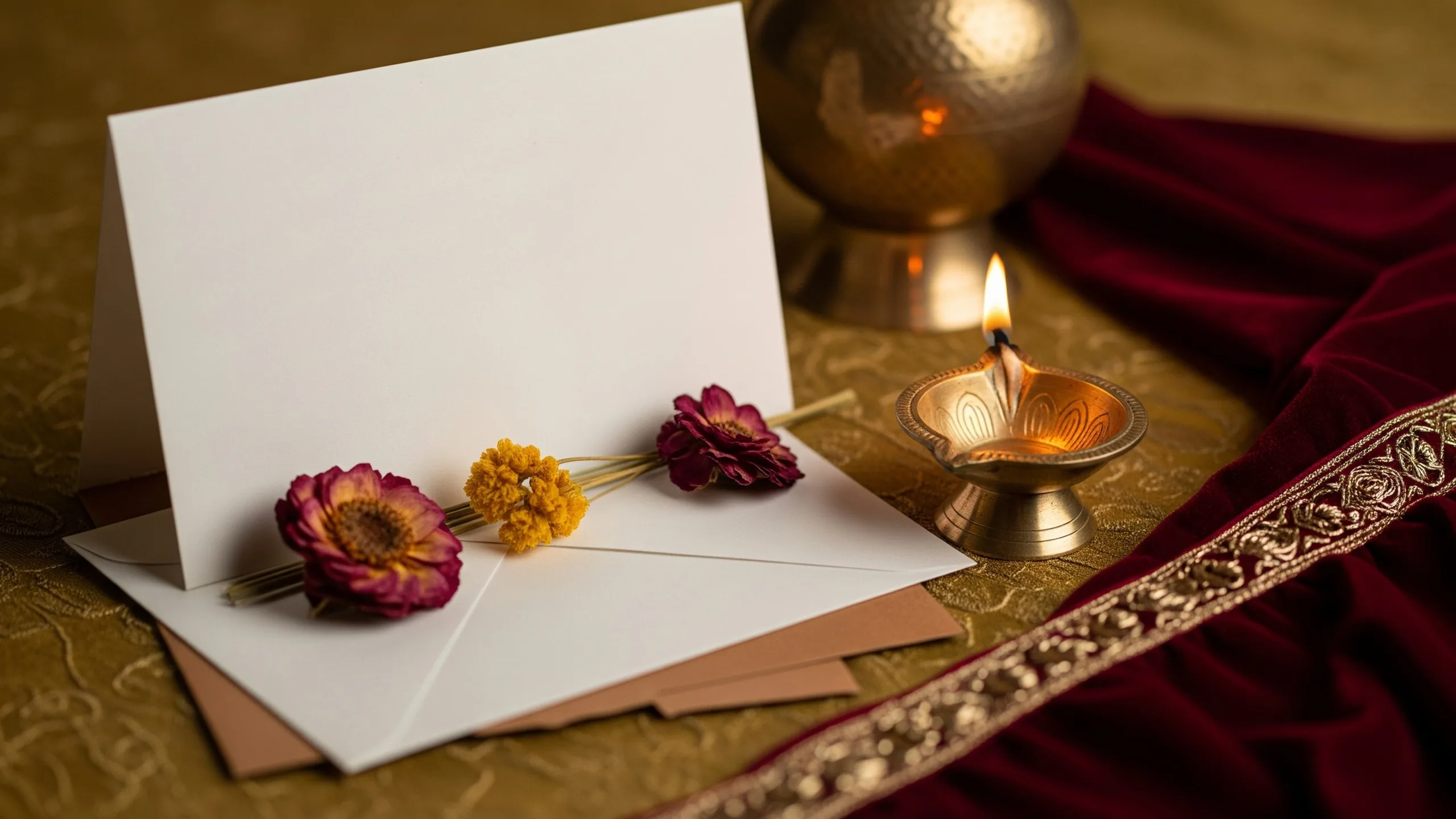 A close detail of a blank invitation card edge, envelope, dried flowers, brass diya and rich fabric, no letters, close-up detail