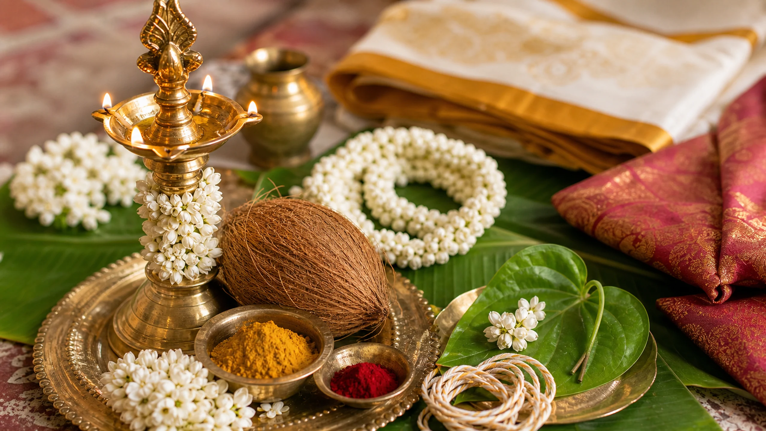 A close detail of South Indian wedding ritual items: brass lamps, coconut, betel leaves, turmeric, kumkum, jasmine, sacred thread and silk fabric on a banana leaf, no text, close-up detail