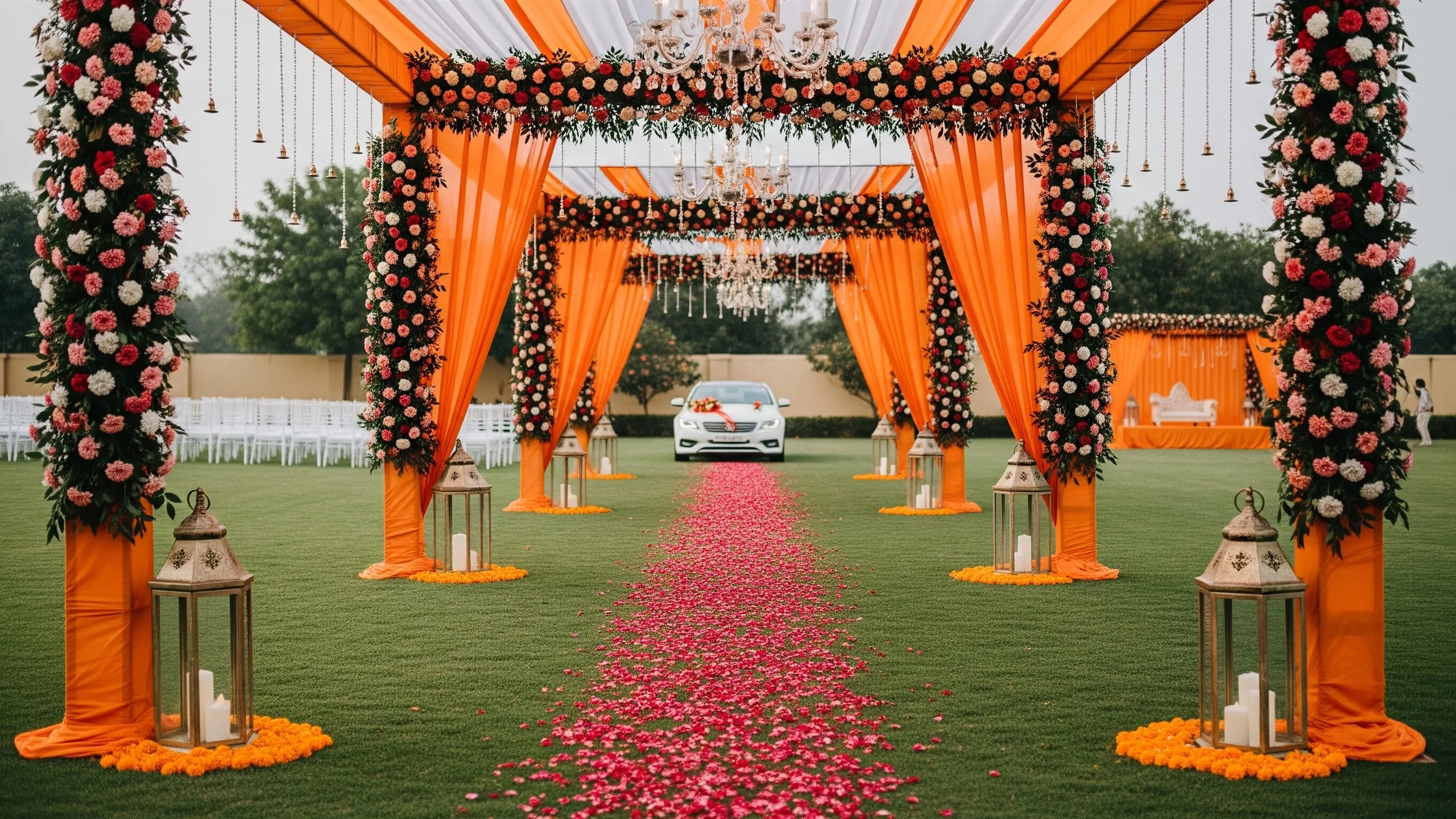 An elegant vidaai pathway with floral canopy, lanterns, petals and decorated car waiting in the distance, in context