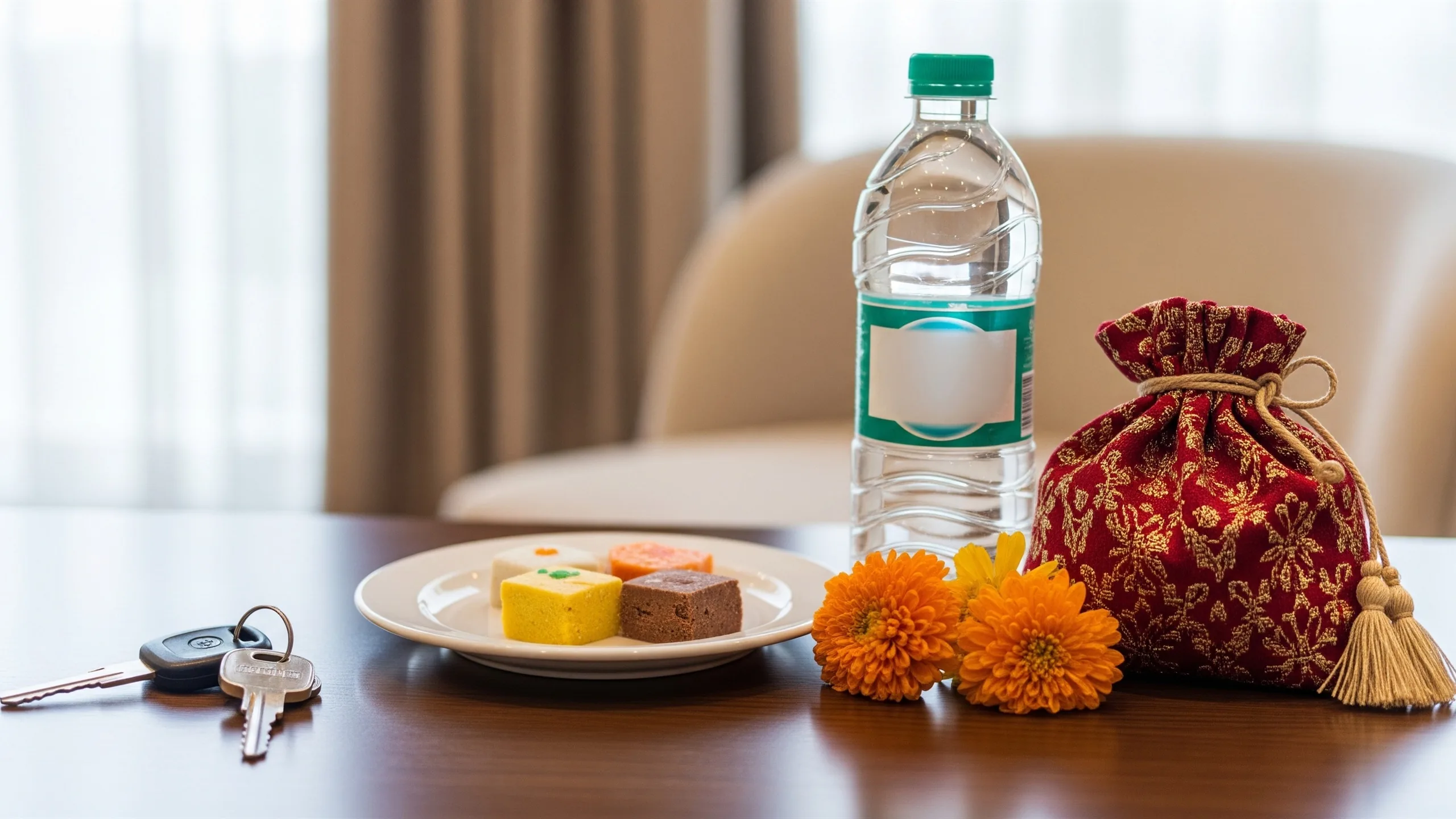 A close detail of guest welcome items: room key turned blank, sweets, water bottle with blank label, flowers and potli bag, no text, close-up detail