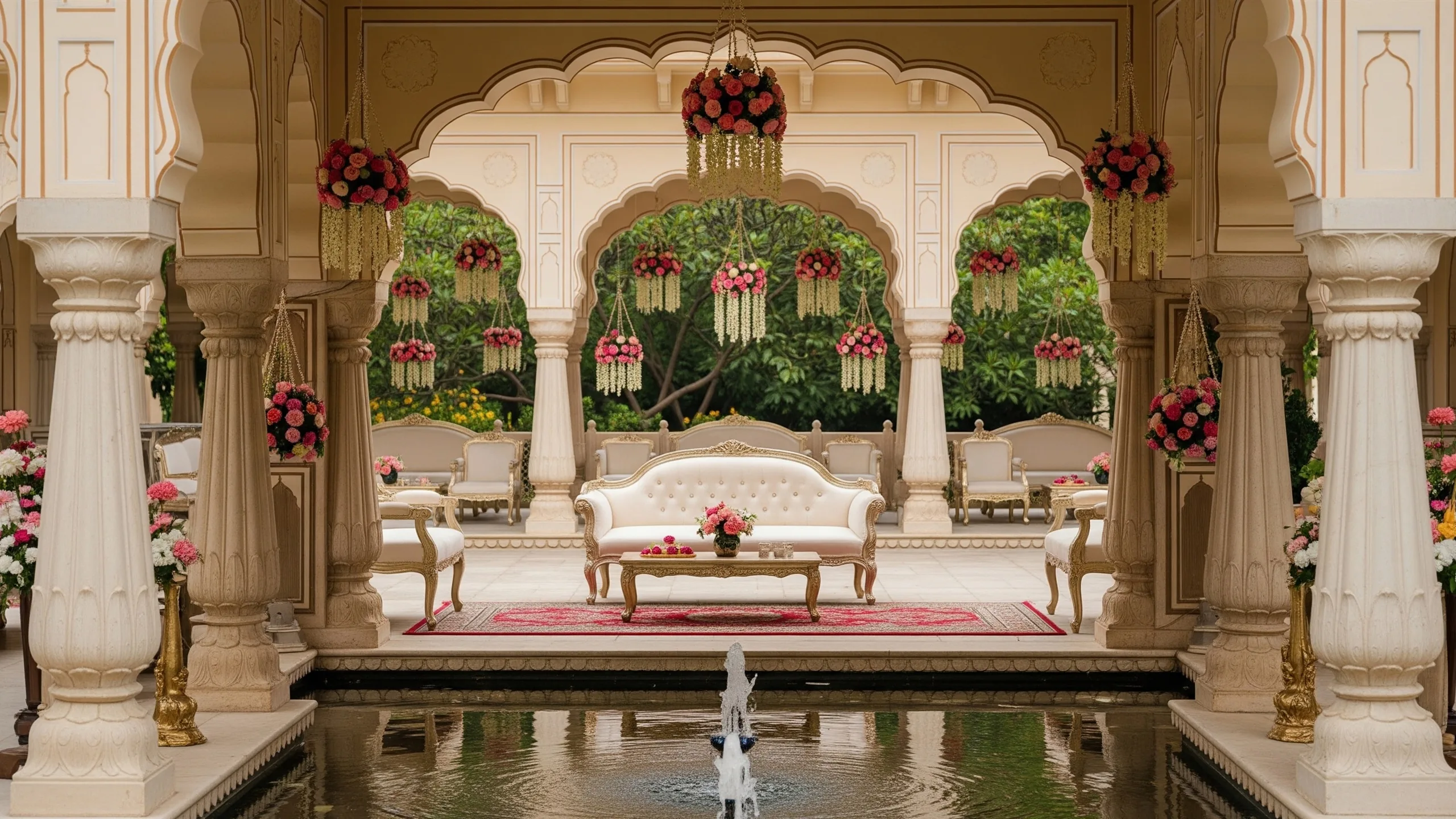 An outdoor palace garden mandap with layered arches, hanging flowers, water feature reflections and elegant seating, in context