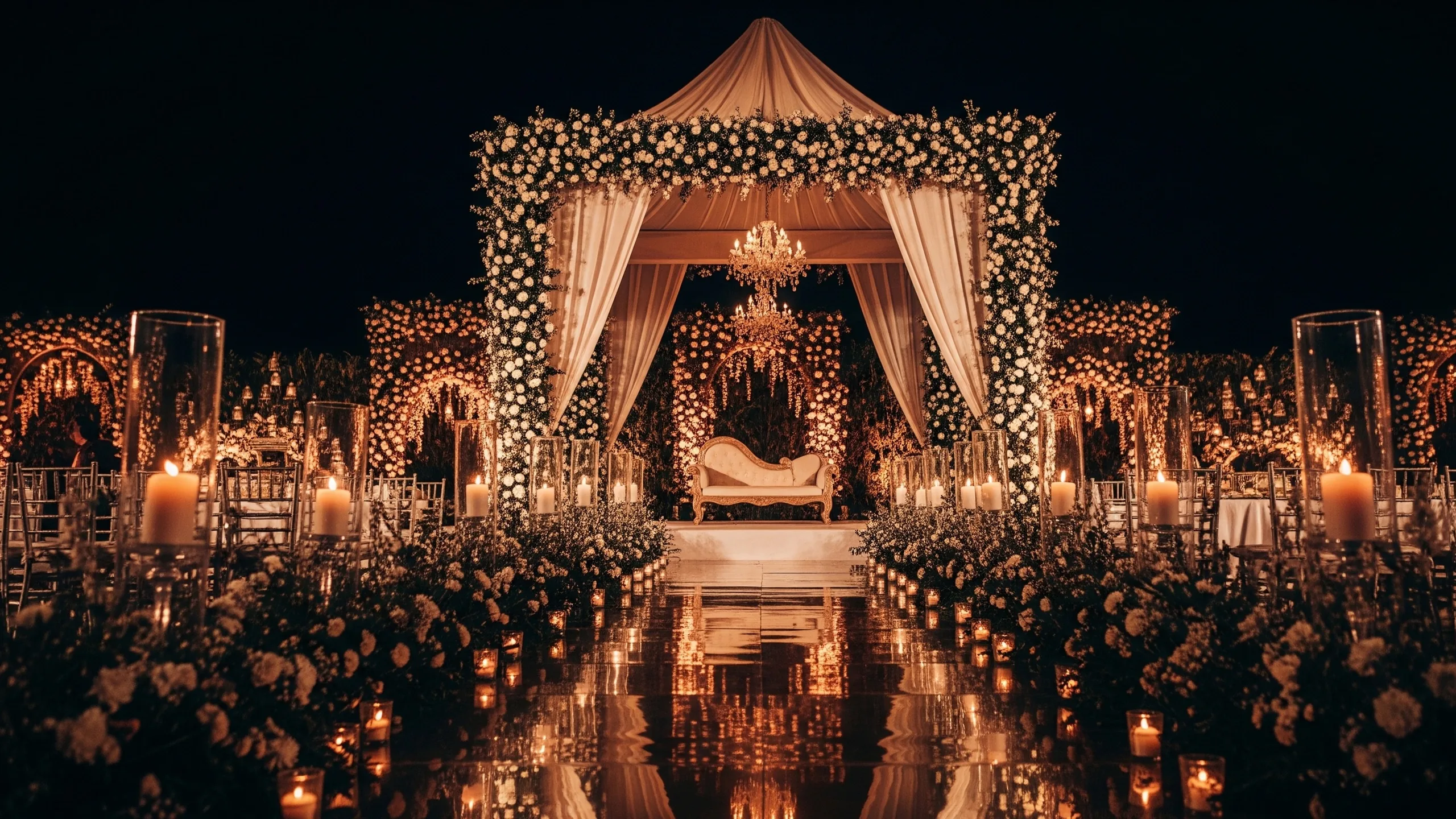 A dramatic night mandap with warm lighting, dense floral canopy, candlelit aisle and luxury stage production, no signage, styled view