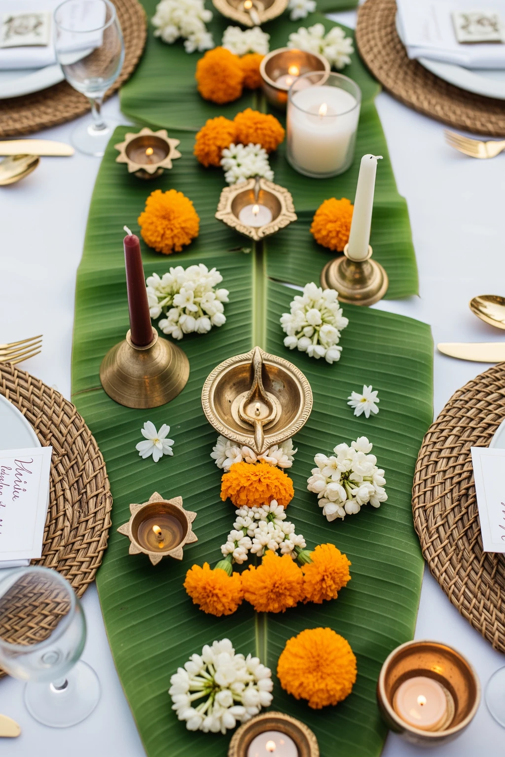 Indian wedding table centerpiece with banana leaves, brass lamps, candles and flowers