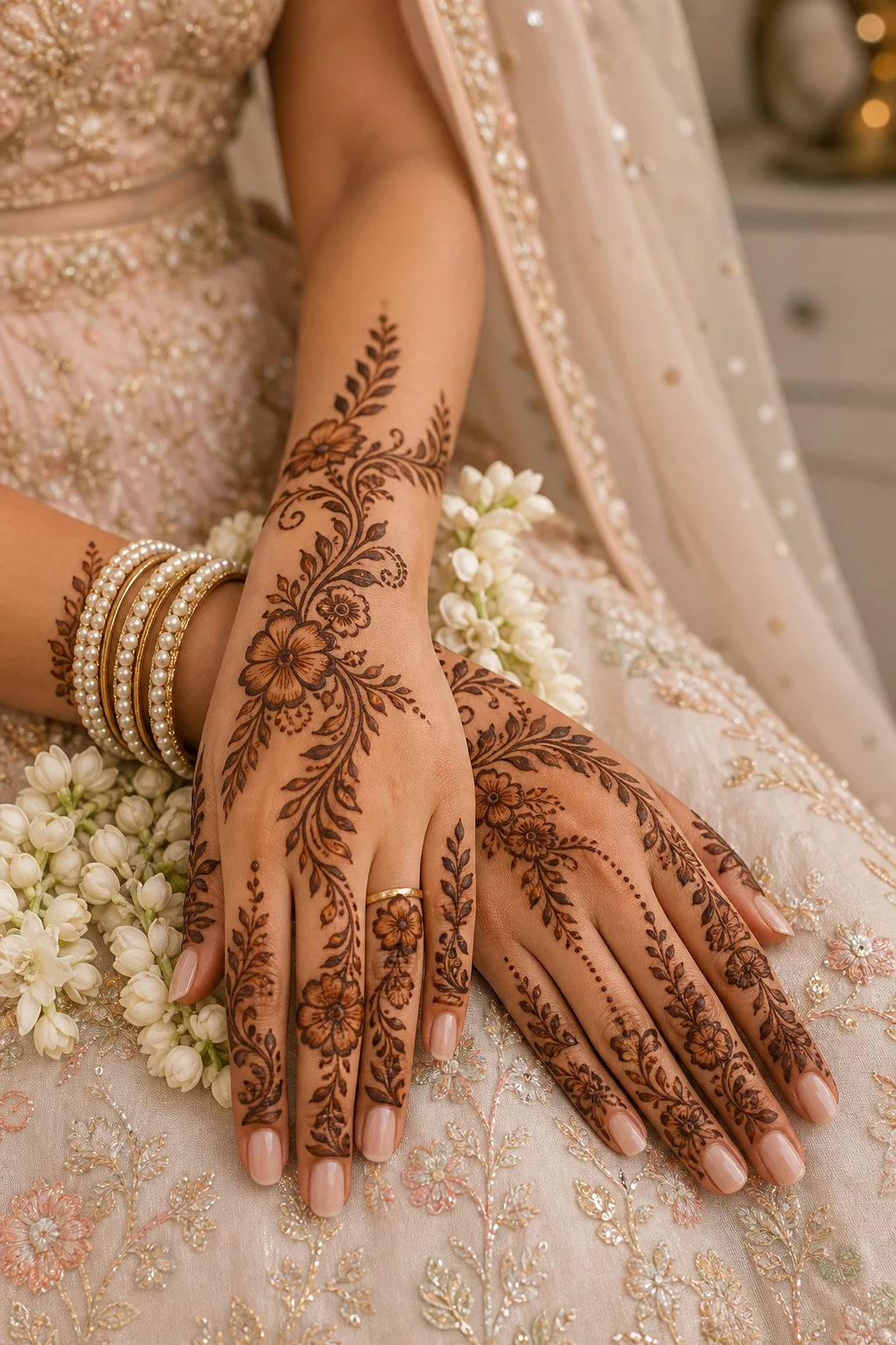 Arabic fusion bridal mehndi with flowing floral trails and open skin