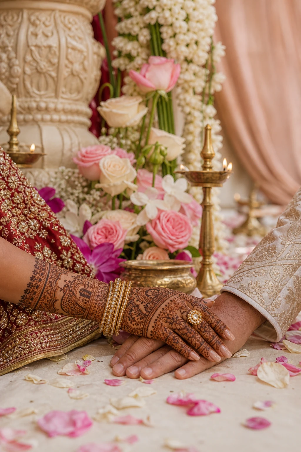 Indian bride and groom hands near mandap flowers, brass lamps and silk drapes